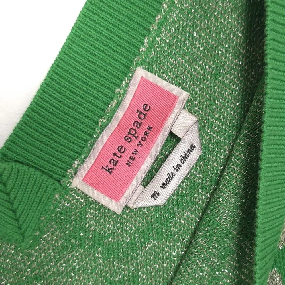 KATE SPADE Green Clover Metallic Sweater‎ Top Blouse V Neck MEDIUM NJMU A608
